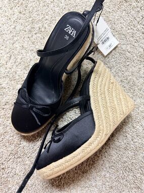 ZARA Black Satin Wedge Espadrille Sandals with Jute Heel
